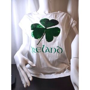 Irish Memories by Lansdowne Sequin Shamrock T-Shirt Womens M White Green Ireland